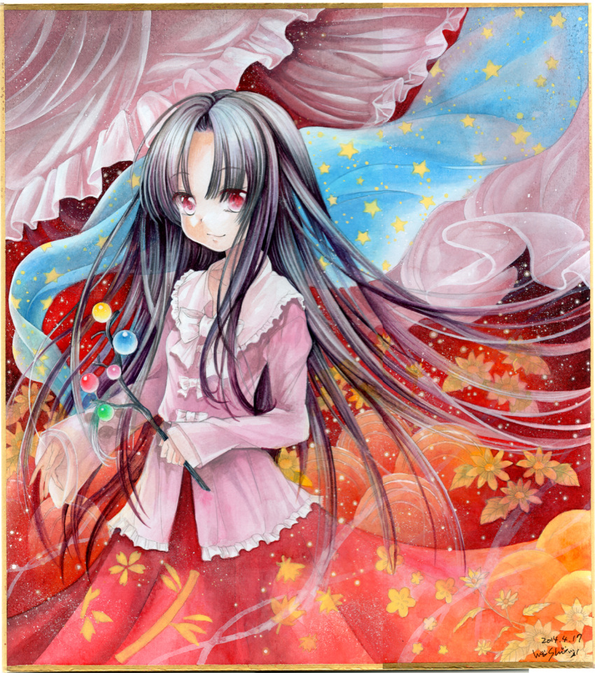 1girl black_hair blouse bow branch curtains dated floral_background floral_print highres houraisan_kaguya jeweled_branch_of_hourai light_particles long_hair long_skirt long_sleeves looking_at_viewer mosho paint_(medium) red_eyes shawl shikishi signature skirt smile solo star_print touhou traditional_media very_long_skirt watercolor_(medium) wind