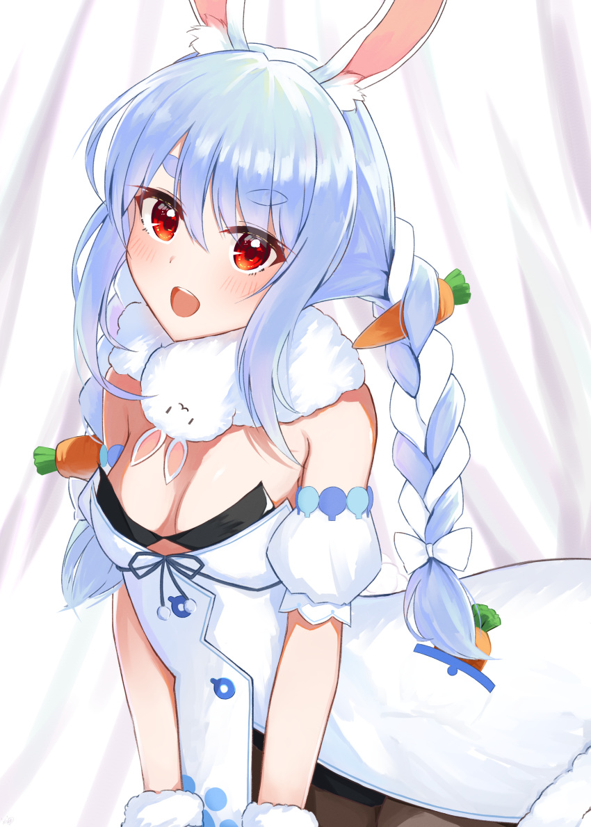 1girl :d absurdres animal_ear_fluff animal_ears arm_cuffs bow braid breasts bunny_girl carrot carrot_hair_ornament don-chan_(hololive) dress eyebrows_visible_through_hair eyes_visible_through_hair food_themed_hair_ornament fur-trimmed_dress fur-trimmed_gloves fur_scarf fur_trim gloves hair_ornament highres hololive long_braid looking_at_viewer medium_breasts meuneyu open_mouth rabbit_ears red_eyes shiny shiny_hair sidelocks simple_background smile thick_eyebrows twin_braids usada_pekora v_arms virtual_youtuber white_bow