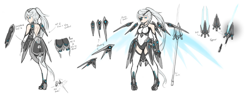 1girl arceonn back blue_eyes boots borrowed_character concept_art elbow_gloves energy_wings eyepatch faulds funnels gauntlets gloves high_ponytail leotard original polearm silver_hair small_breasts solo thigh-highs thigh_boots weapon white_gloves white_legwear