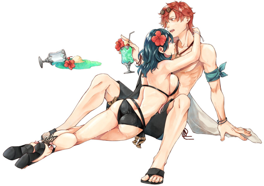 1boy 1girl ass bikini black_bikini blue_eyes blue_hair breast_press byleth_(fire_emblem) byleth_eisner_(female) byleth_eisner_(female) closed_mouth couple cup cute drinking_straw eyewear_on_head female_swimwear fire_emblem fire_emblem:_three_houses fire_emblem:_three_houses fire_emblem_16 fire_emblem_heroes flower glass hair_flower hair_ornament high_heels highres holding holding_cup hug intelligent_systems jewelry love male_swimwear necklace nintendo nishinishihigas open_mouth redhead sandals short_hair simple_background sitting sunglasses super_smash_bros. swim_trunks swimsuit swimwear sylvain_jose_gautier third-party_source wet white_background