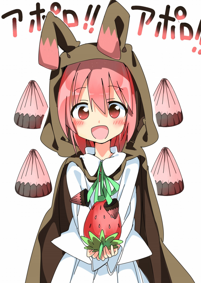 1girl blush food food_themed_clothes fruit highres looking_at_viewer open_mouth original personification pink_eyes pink_hair short_hair simple_background smile solo strawberry tantan_men_(dragon) translation_request white_background