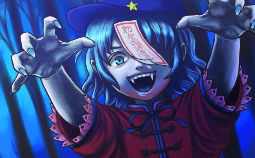 1girl blouse blue_background blue_eyes blue_hair bust dutch_angle fangs fingernails hat highres looking_at_viewer miyako_yoshika muumei ofuda one_eye_covered open_mouth outstretched_arms reaching_out sharp_fingernails short_hair short_sleeves solo star teeth touhou tree zombie_pose