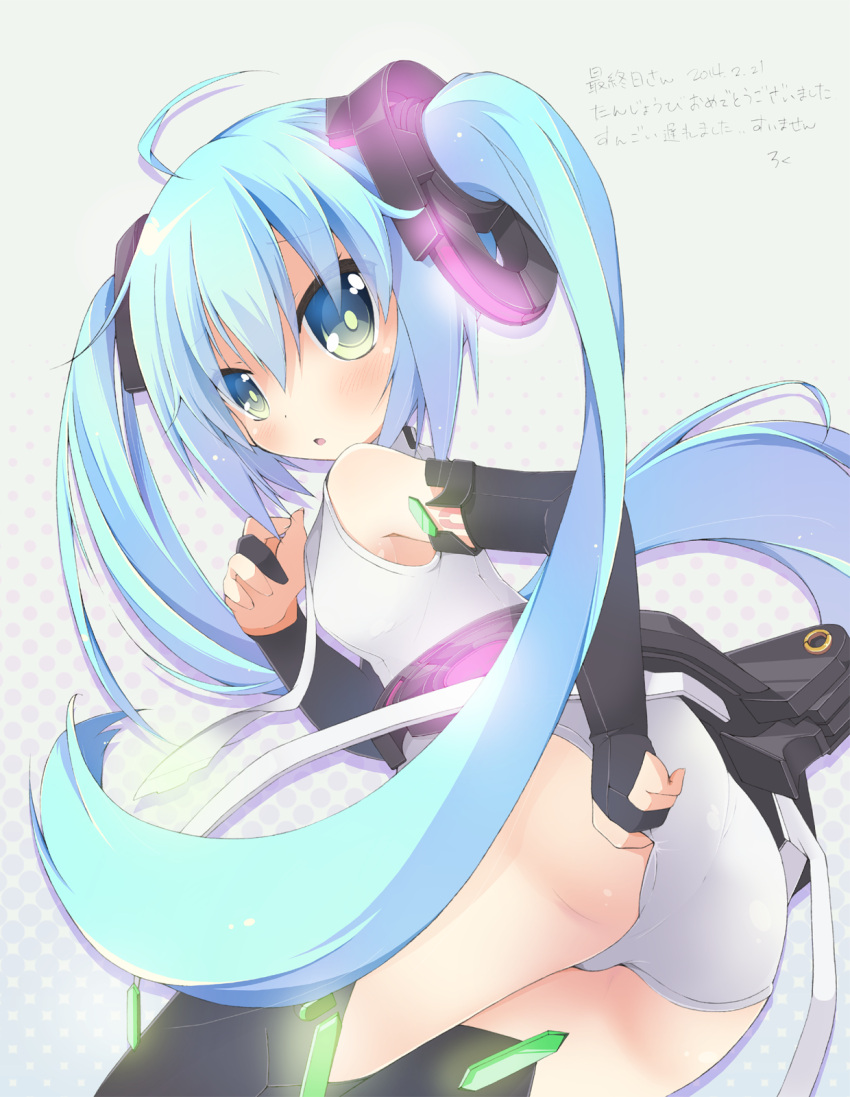 1girl 2014 artist_name blue_hair bridal_gauntlets dated green_eyes hatsune_miku highres long_hair looking_back miku_append solo thigh-highs torinannkotsukushi twintails very_long_hair vocaloid vocaloid_append