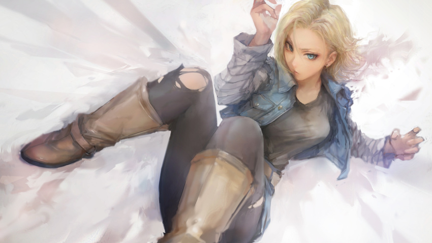1girl android_18 black_legwear blonde_hair blue_eyes boots breasts denim_skirt dragon_ball dragon_ball_z highres knee_boots miche pantyhose short_hair solo torn_clothes torn_pantyhose vest