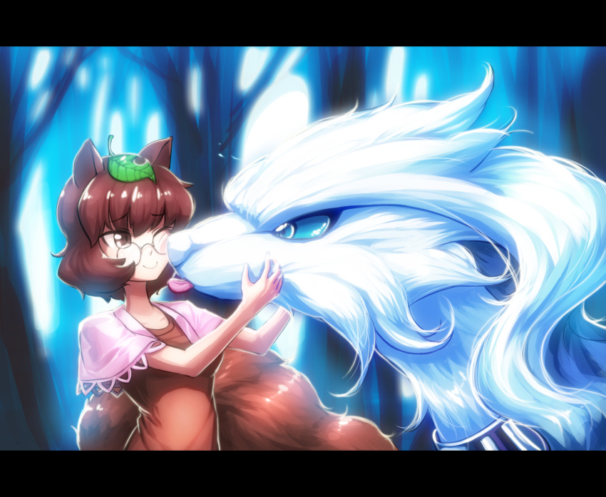 1girl animal_ears brown_eyes brown_hair crossover futatsuiwa_mamizou glasses highres hijiwryyyyy leaf leaf_on_head licking long_hair pokemon pokemon_(game) pokemon_bw raccoon_ears raccoon_tail reshiram tail tanuki touhou