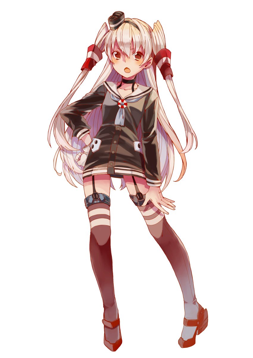 1girl absurdres amatsukaze_(kantai_collection) blush brown_eyes fang garter_straps gloves hand_on_hip headband highres jeanyei kantai_collection long_hair looking_at_viewer open_mouth personification red_legwear school_uniform serafuku silver_hair simple_background single_glove solo standing striped striped_legwear thigh-highs twintails two_side_up white_background white_gloves