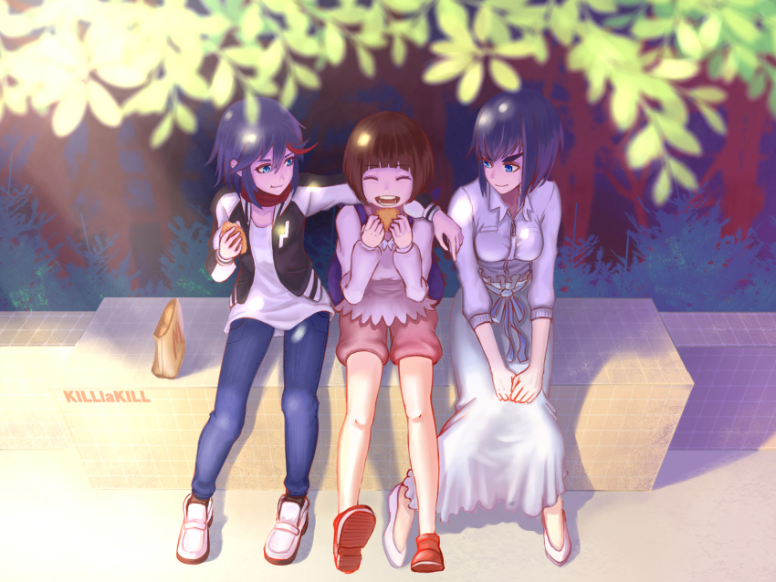 3girls :d ^_^ arm_around_shoulder bowl_cut brown_hair closed_eyes copyright_name edwina girl_sandwich highres kill_la_kill kiryuuin_satsuki leaf mankanshoku_mako matoi_ryuuko multicolored_hair multiple_girls open_mouth sandwiched shade short_hair sitting smile spoilers two-tone_hair