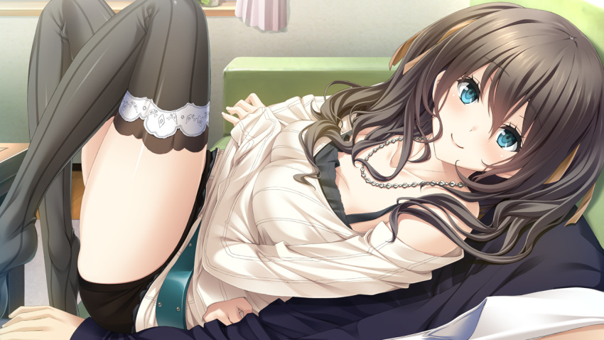1boy 1girl aikawa_arisa_(kiss_ato) aqua_eyes bare_shoulders belt black_legwear blush brown_hair couch crossed_arms game_cg indoors jewelry kiss_ato_kiss_will_change_my_relation_with_you legs_up long_hair long_sleeves mikoto_akemi necklace off_shoulder official_art pov shorts sitting sleeves_past_wrists smile striped striped_legwear vertical-striped_legwear vertical_stripes