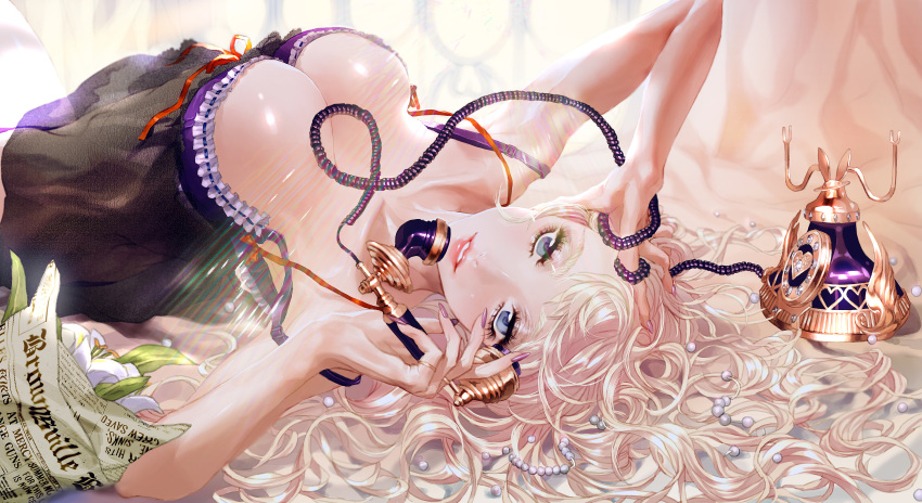 1girl absurdres blonde_hair blue_eyes breasts cleavage highres large_breasts light_smile lips long_hair looking_at_viewer lying macross macross_frontier newspaper on_back parted_lips pearl phone rotary_phone rukiana sheryl_nome solo sunlight