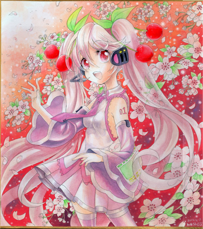 1girl 2014 cherry cherry_blossoms dated detached_sleeves food food_as_clothes food_themed_clothes fruit hatsune_miku headset highres long_hair mosho necktie open_mouth paint_(medium) pink_hair red_eyes sakura_miku shikishi skirt solo thigh-highs traditional_media twintails very_long_hair vocaloid watercolor_(medium)