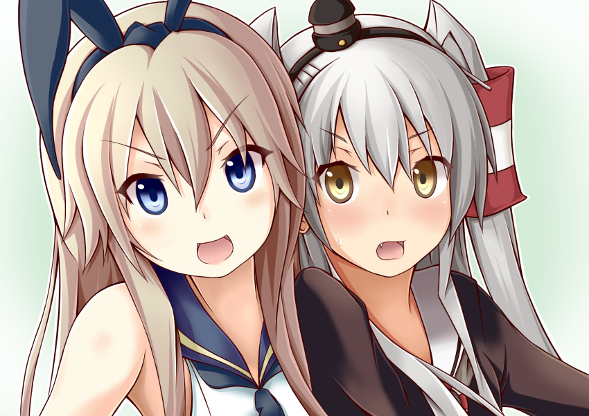 2girls amatsukaze_(kantai_collection) blonde_hair bloodhound blue_eyes blush brown_eyes close-up fang hair_ribbon headband highres kantai_collection long_hair looking_at_viewer multiple_girls open_mouth personification ribbon school_uniform serafuku shimakaze_(kantai_collection) silver_hair simple_background twintails two_side_up