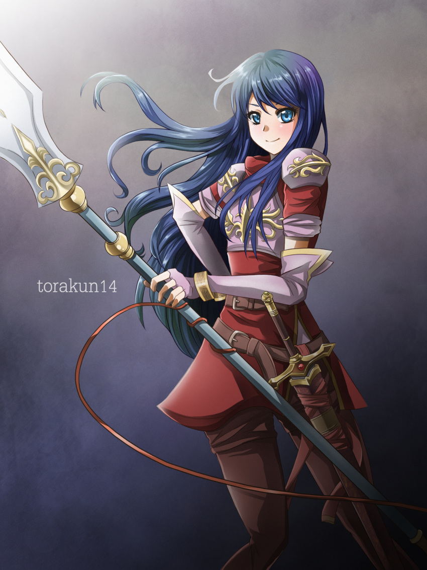 1girl armor armored_dress artist_name belt blue_eyes blue_hair blush boots bracelet elbow_gloves fingerless_gloves fire_emblem fire_emblem:_mystery_of_the_emblem gloves highres jewelry long_hair pegasus_knight polearm sheath sheathed sheeda smile solo spear sword thigh-highs thigh_boots torakun14 weapon