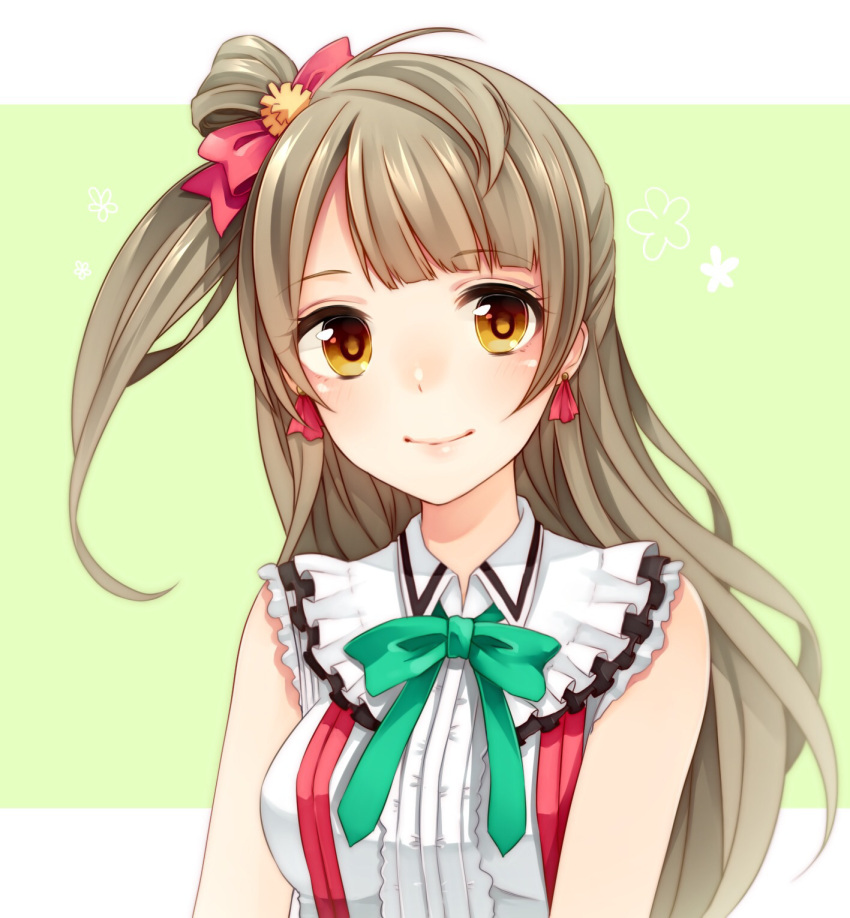 1girl blush bow brown_eyes brown_hair bust earrings hair_bow highres jewelry long_hair love_live!_school_idol_project minami_kotori side_ponytail smile solo wakatsuki_you