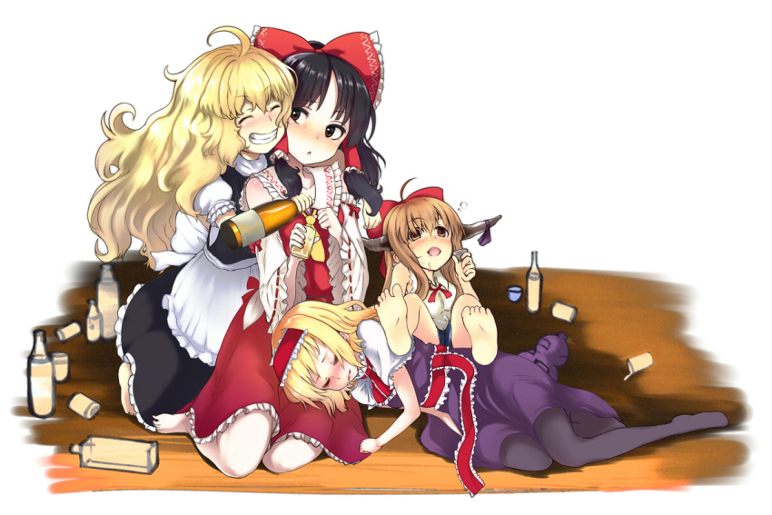 4girls ahoge alcohol alice_margatroid barefoot black_hair black_legwear blonde_hair blush bottle bow brown_hair closed_eyes drooling drunk ginji74 glass grin hair_bow hair_tubes hairband hakurei_reimu horns ibuki_suika kirisame_marisa lap_pillow long_hair lying multiple_girls no_hat no_shoes pantyhose short_hair sitting smile touhou