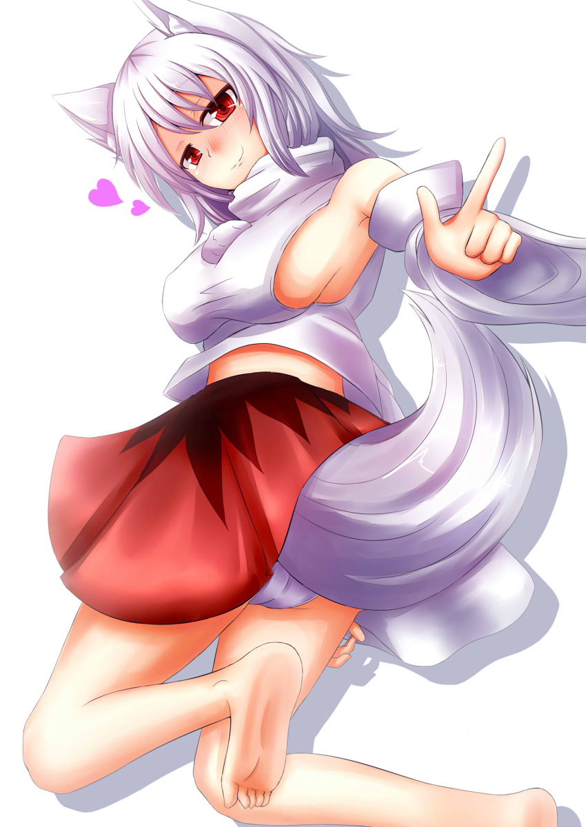 1girl absurdres animal_ears bare_shoulders barefoot blush breasts detached_sleeves heart highres inubashiri_momiji large_breasts looking_at_viewer midriff naughty_face no_bra no_hat oohirakeisuke panties pom_pom_(clothes) red_eyes short_hair sideboob silver_hair simple_background smile solo tail touhou underwear white_background white_panties wolf_ears wolf_tail
