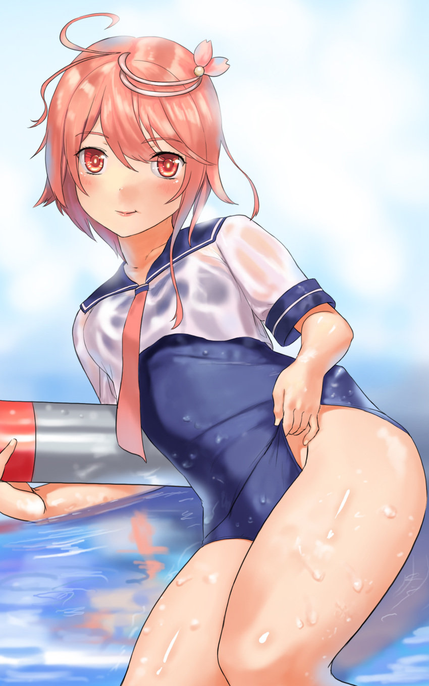 1girl absurdres ahoge blush brown_hair hair_ornament highres i-58_(kantai_collection) kantai_collection looking_at_viewer personification red_eyes school_swimsuit school_uniform serafuku short_hair smile swimsuit swimsuit_lift swimsuit_under_clothes torpedo turiganesou800 water wet wet_clothes