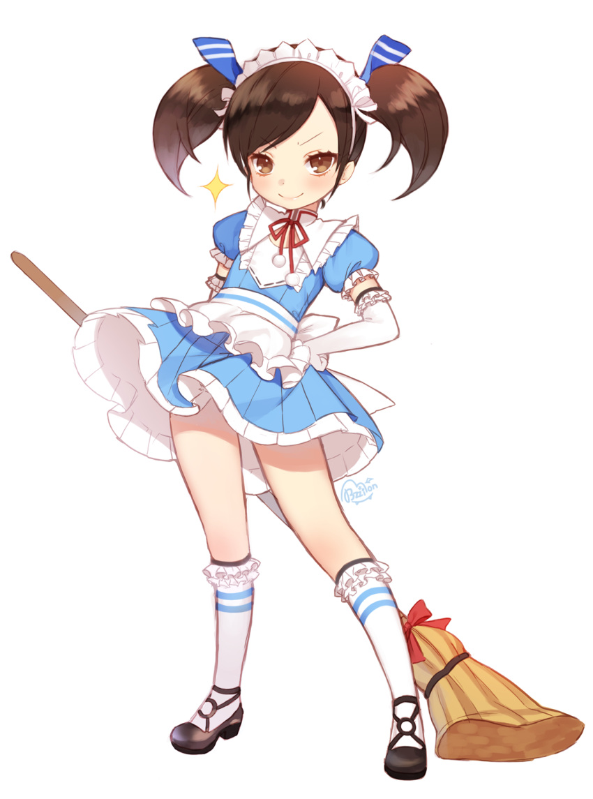 &gt;:) 1girl alternate_costume broom brown_eyes brown_hair byulzzimon cyphers elbow_gloves enmaided frilled_apron frills gloves hand_on_hip highres holding maid maid_headdress marlene_(cyphers) short_sleeves signature simple_background smirk socks solo sparkle twintails white_background white_gloves white_legwear