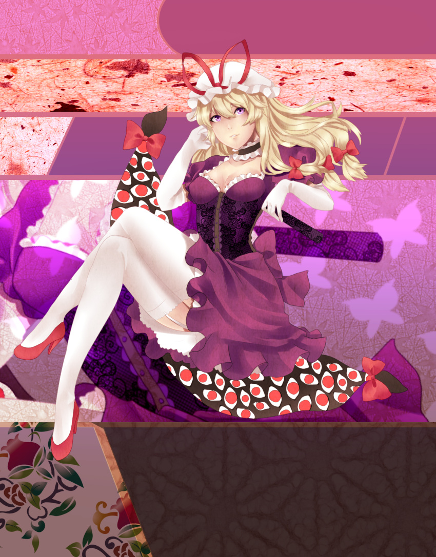 1girl adapted_costume blonde_hair bow breasts butterfly choker cleavage closed_fan crossed_legs dress elbow_gloves eyeballs fan folding_fan gap garter_straps gloves hair_bow hat hat_ribbon head_rest high_heels highres leaf long_hair looking_at_viewer maple_leaf mob_cap parted_lips purple_dress ribbon short_sleeves sitting solo striped striped_background thigh-highs touhou violet_eyes y.i._(lave2217) yakumo_yukari