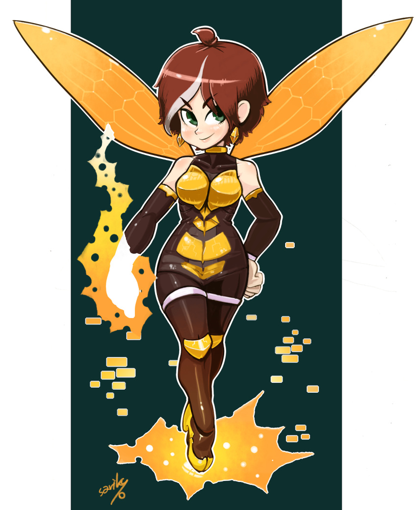 bare_shoulders detached_sleeves earrings green_eyes highres insect_wings janet_van_dyne jewelry marvel multicolored_hair sarikyou smile wasp_(marvel) wings