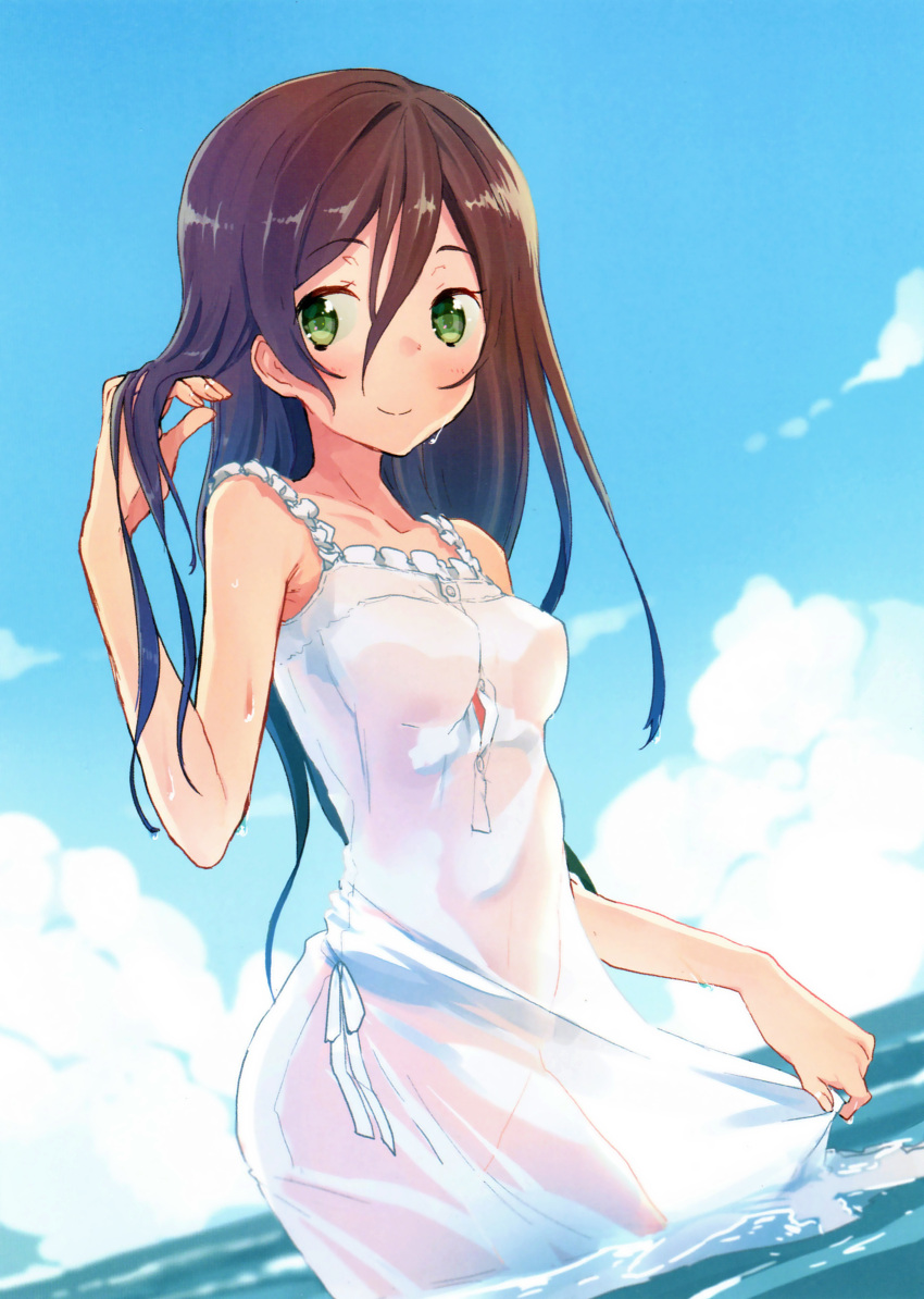 1girl absurdres artist_request bare_shoulders blue_sky brown_hair clouds dress dutch_angle green_eyes hair_between_eyes highres leaning_forward long_hair ocean original scan see-through see-through_silhouette sky smile solo sundress wading water wet wet_clothes wet_dress white_dress