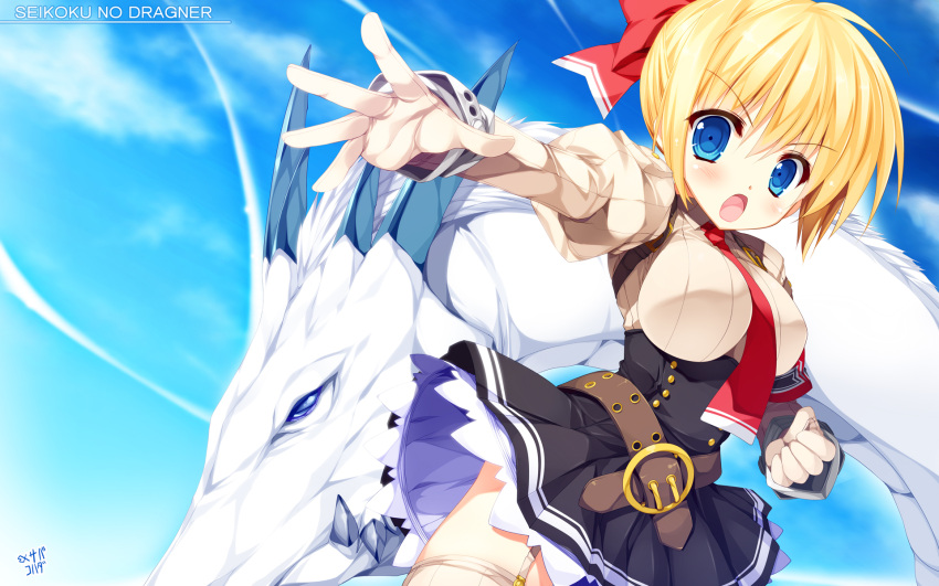 1girl blonde_hair blue_eyes breasts clenched_hand copyright_name dragon garter_straps gloves hair_ribbon highres juliet_sleeves long_sleeves necktie open_mouth outstretched_arm pleated_skirt puffy_sleeves ribbon seikoku_no_dragonar shimesaba_kohada shirt short_hair silvia_lautreamont skirt sky teeth wallpaper white_gloves white_legwear