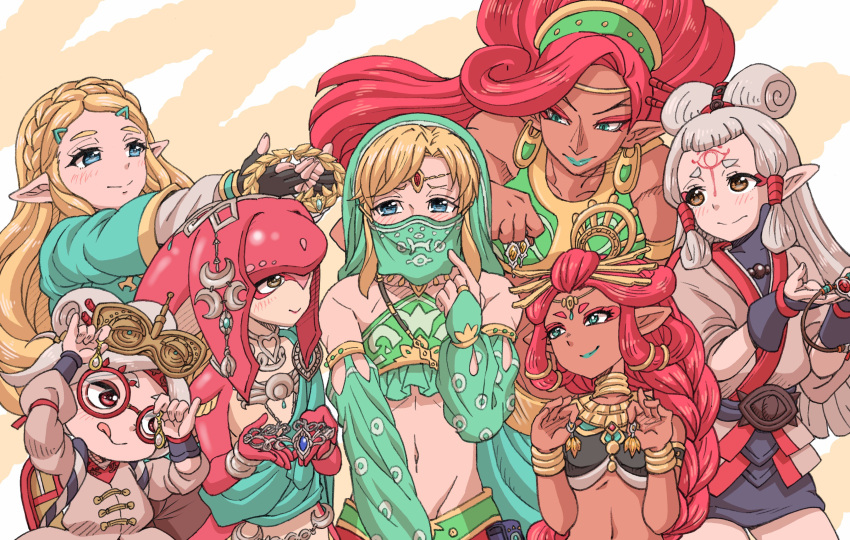 1boy 6+girls absurdres blonde_hair character_request gerudo gerudo_link harem_outfit highres link looking_at_another looking_at_viewer multiple_girls muscle muscular_female princess_zelda redhead short_hair tagme the_legend_of_zelda the_legend_of_zelda:_breath_of_the_wild urbosa yoshizawa_miyabi