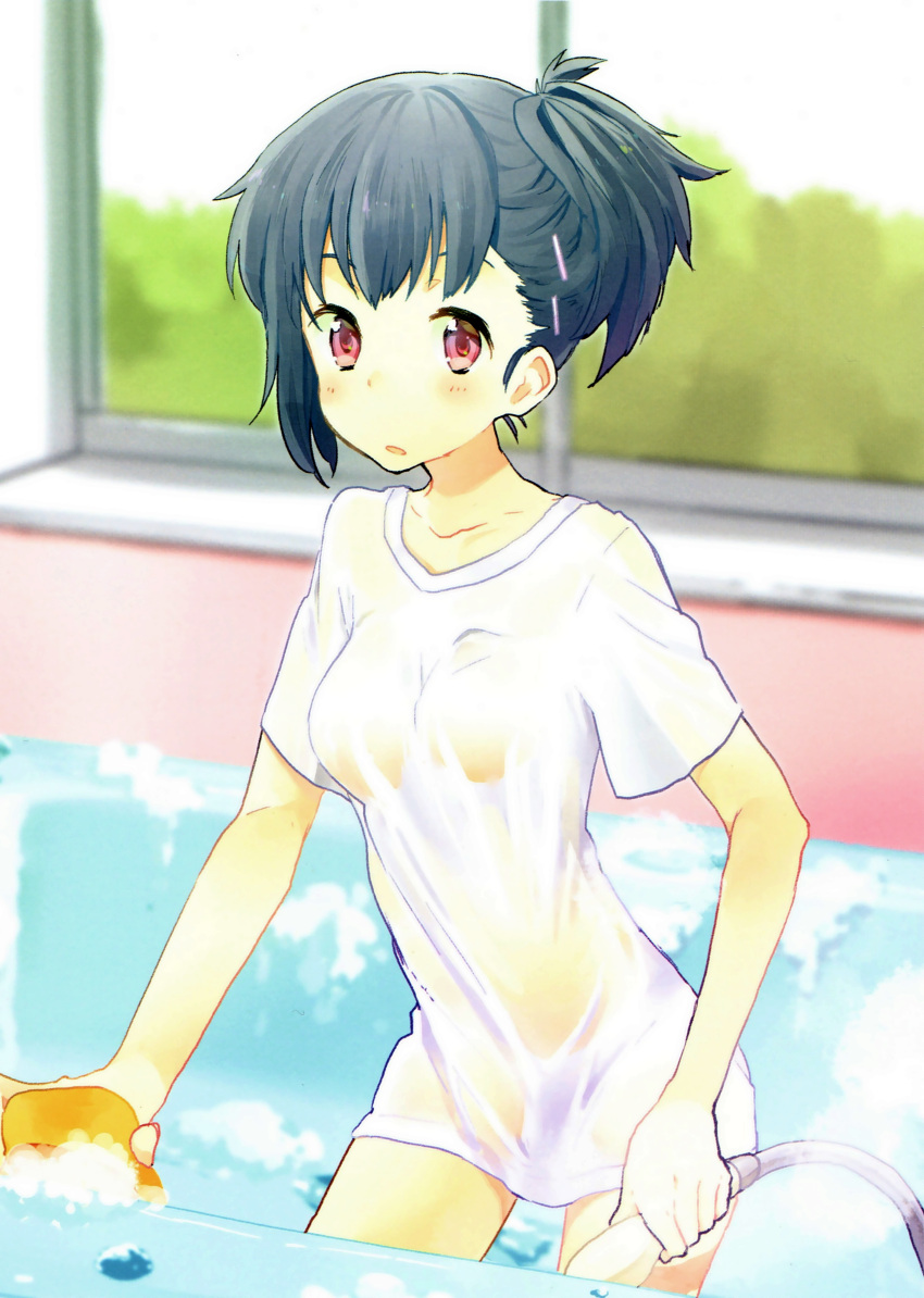 1girl absurdres artist_request bathtub black_hair cowboy_shot hair_ornament hairclip highres hose leaning_forward looking_at_viewer open_mouth original red_eyes scan see-through short_ponytail side_ponytail soap_bubbles solo washing wet wet_clothes wet_shirt