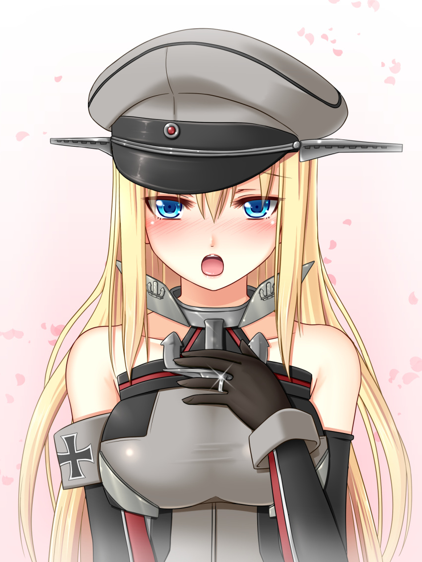 1girl bismarck_(kantai_collection) blonde_hair blue_eyes blush breasts detached_sleeves dotera-otoko gloves hat highres jewelry kantai_collection long_hair looking_at_viewer military military_hat military_uniform open_mouth peaked_cap ring solo uniform wedding_band