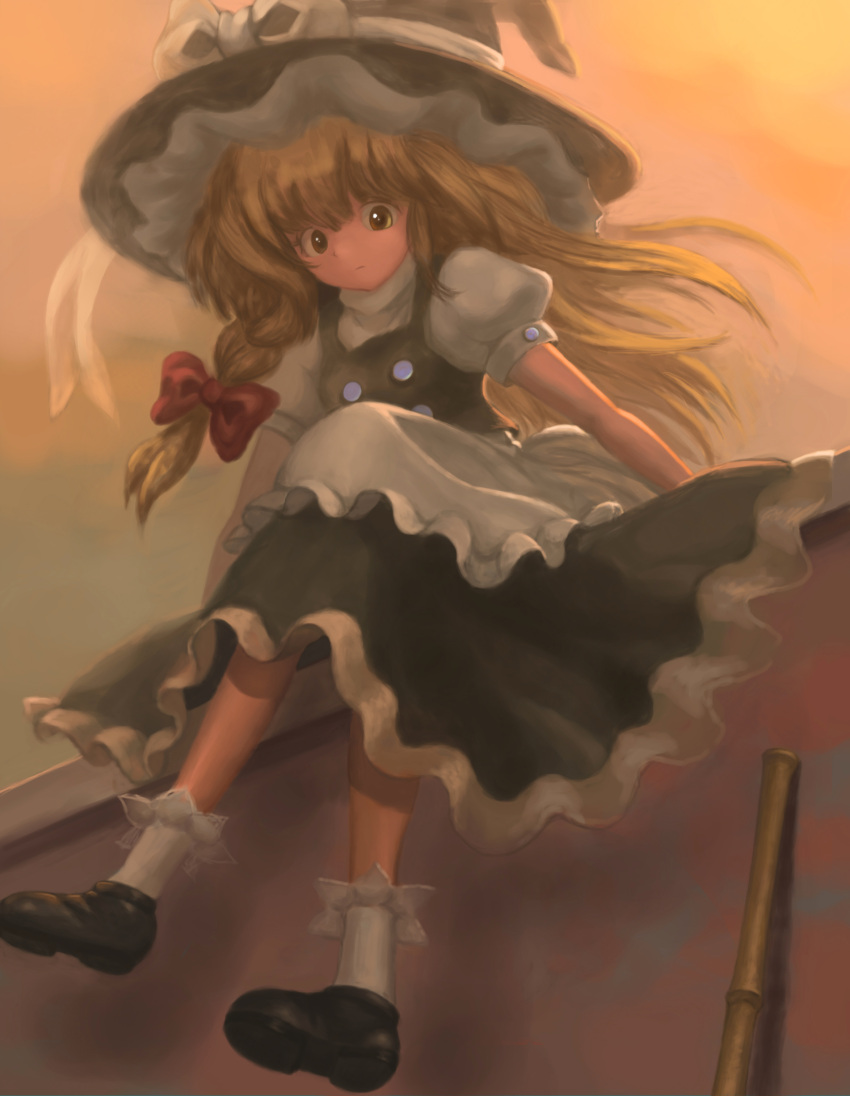 1girl absurdres apron blonde_hair bow braid broom from_below hair_bow hat hat_ribbon highres kirisame_marisa light_frown long_hair looking_at_viewer puffy_short_sleeves puffy_sleeves ribbon shoes short_sleeves single_braid sitting skirt skirt_set socks solo syuraime_0 touhou twilight waist_apron wall wind witch_hat yellow_eyes