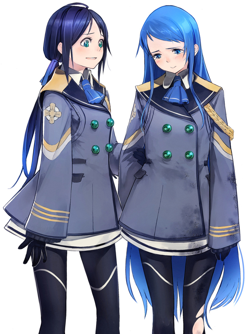 2girls blue_eyes blue_hair crying crying_with_eyes_open gloves green_eyes highres kantai_collection long_hair multiple_girls personification samidare_(kantai_collection) school_uniform serafuku skirt sparrowswallow suzukaze_(kantai_collection) tears thigh-highs torn_clothes torn_thighhighs twintails very_long_hair
