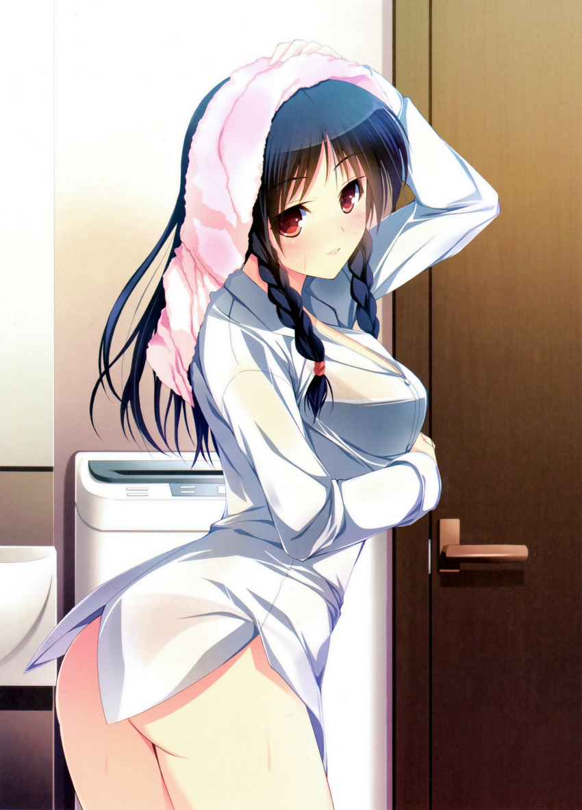 1girl absurdres arched_back arm_up ass black_hair blush braid breasts cleavage highres looking_back naked_shirt no_bra no_panties original parted_lips red_eyes scan see-through smile solo towel towel_on_head twin_braids yuuki_makoto_(radiant)