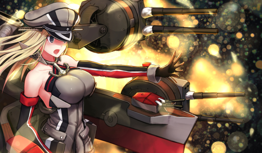 1girl bare_shoulders bismarck_(kantai_collection) black_eyes black_gloves blonde_hair breasts detached_sleeves gloves hat highres kantai_collection large_breasts machinery open_mouth outstretched_arm personification solo yilan