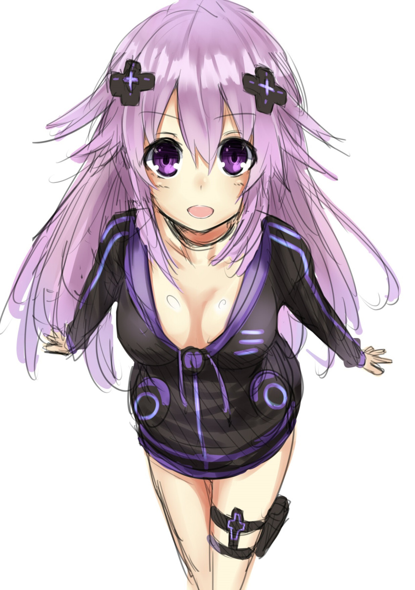 1girl adult_neptune breasts choujigen_game_neptune cleavage d-pad hair_ornament highres jacket long_hair long_sleeves looking_at_viewer open_mouth pink_hair rough ryuushaku solo standing violet_eyes white_background