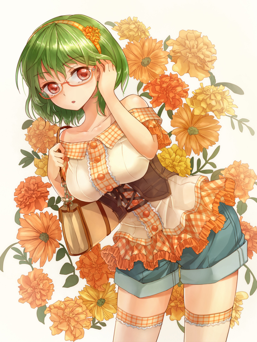 1girl alternate_costume bag bare_shoulders bespectacled flower glasses green_hair hair_flower hair_ornament hairband highres kazami_yuuka orange-framed_glasses red_eyes semi-rimless_glasses shironeko_yuuki short_hair shorts solo thigh-highs touhou under-rim_glasses