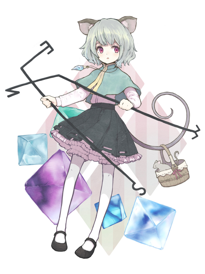 1girl animal_ears aoyagi_neko basket capelet dowsing_rod grey_hair highres holding jewelry layered_skirt leggings legs long_sleeves looking_away mouse mouse_ears mouse_tail nazrin pendant red_eyes shirt shoes short_hair simple_background skirt solo tail touhou white_legwear white_shirt