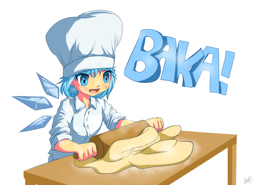 1girl alternate_costume blue_eyes blue_hair chef_hat cirno dough hat highres nac0n open_mouth pun rolling_pin short_hair signature simple_background skirt skirt_set sleeves_rolled_up solo table toque_blanche touhou white_background wings