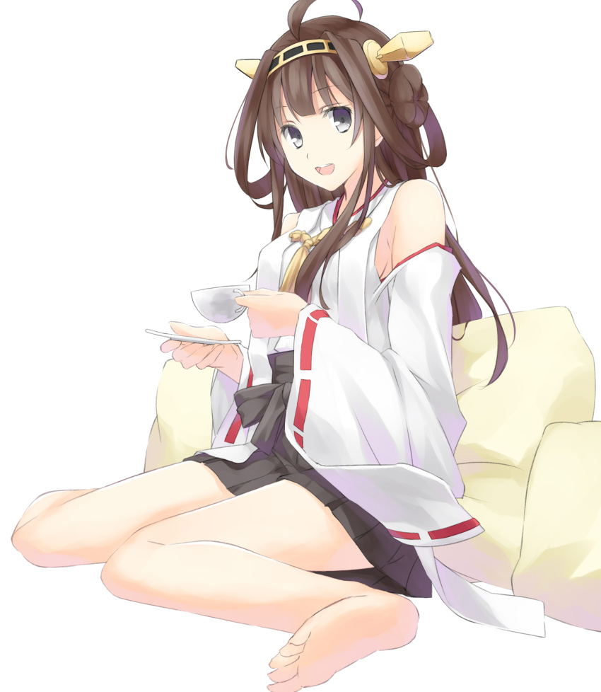 1girl ahoge bare_shoulders barefoot brown_hair cup detached_sleeves double_bun grey_eyes hairband headgear highres japanese_clothes kantai_collection kongou_(kantai_collection) leyte long_hair looking_at_viewer nontraditional_miko personification sitting smile teacup