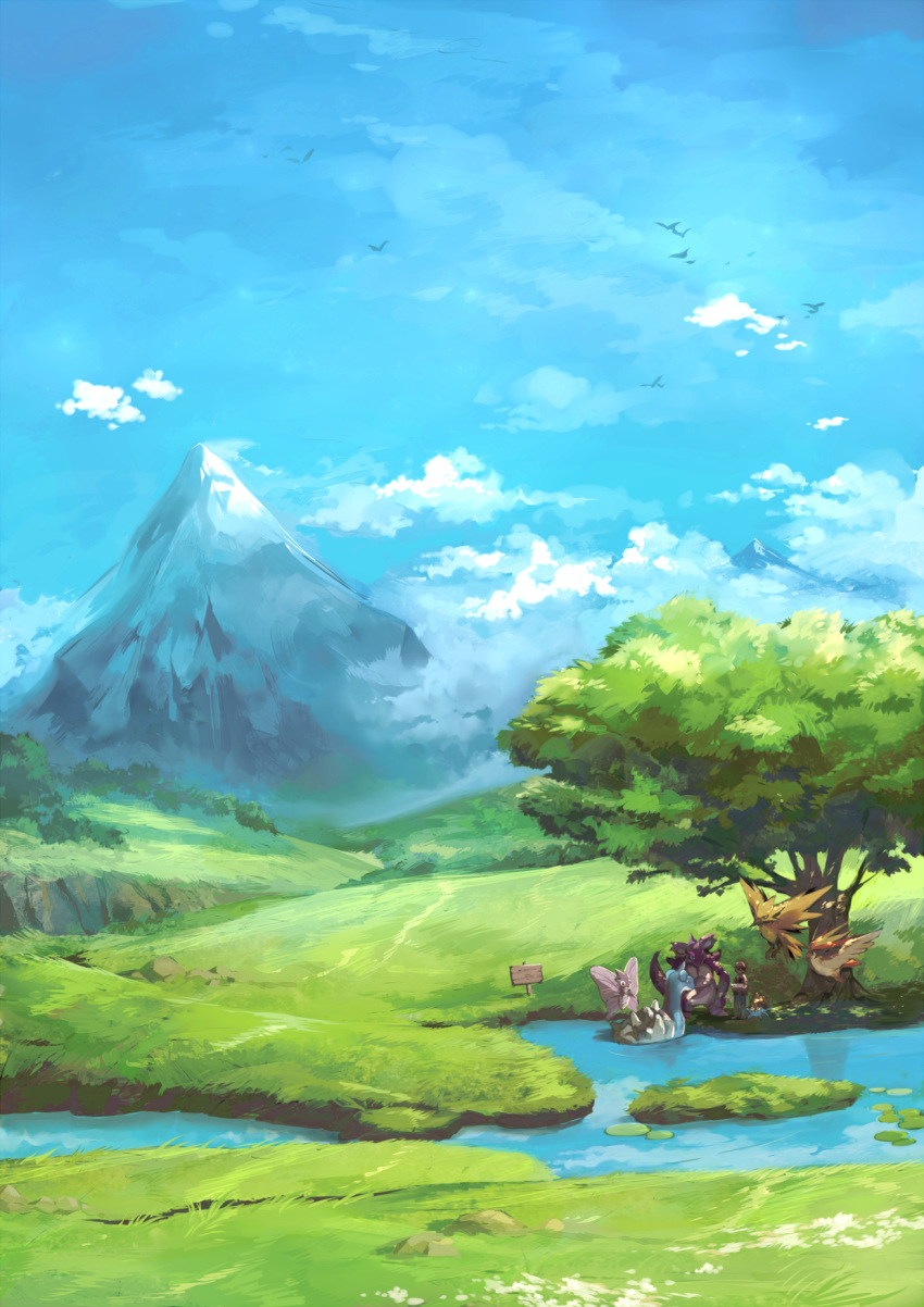 1boy highres lapras mizushirazu nidoking omastar outdoors pidgeot pokemon pokemon_(creature) red_(pokemon) scenery twitch_plays_pokemon venomoth zapdos