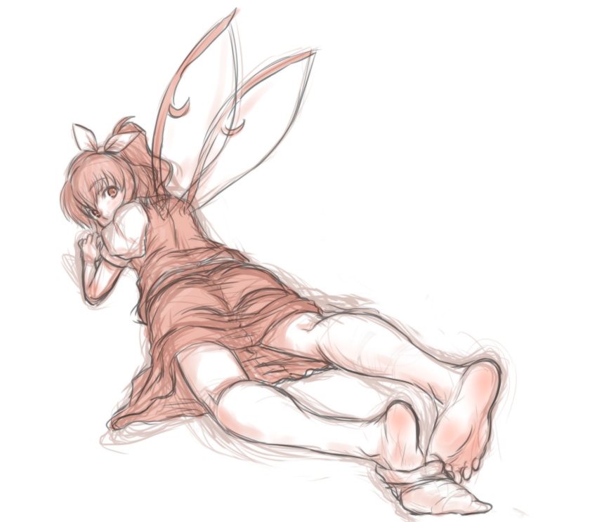 1girl barefoot blush bow daiyousei dress feet hair_bow highres kuro_suto_sukii looking_at_viewer looking_back lying monochrome on_stomach short_hair side_ponytail simple_background single_sock sketch socks soles solo toes touhou undressing white_background wings