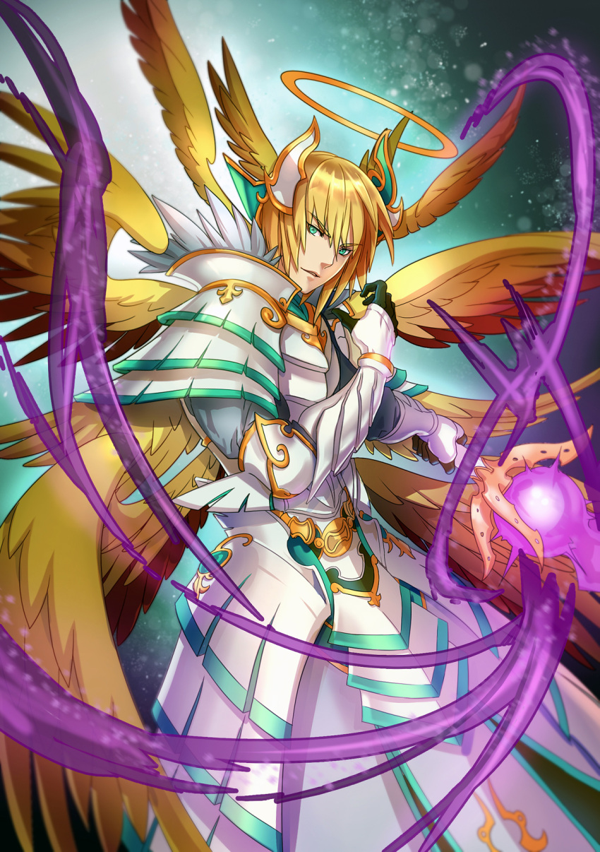 1boy aqua_eyes archangel_lucifer blonde_hair green_eyes halo highres imari looking_at_viewer puzzle_&amp;_dragons short_hair solo sword weapon wings