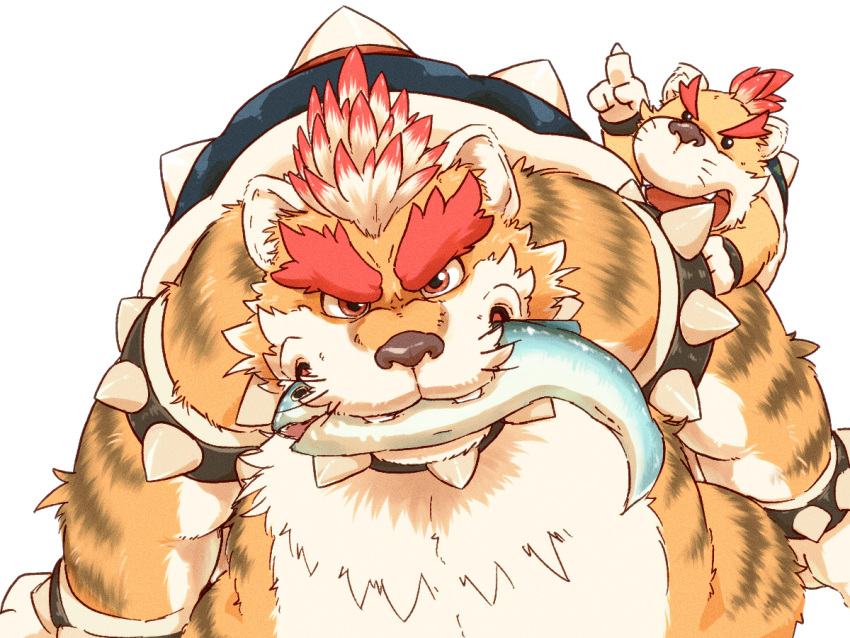 animal_ears bowser bowser_jr. cosplay fire fish kemono markings nintendo red_eyes red_hair shell simple_background super_mario_bros. two_tone_hair wolf_leaves yellow_hair