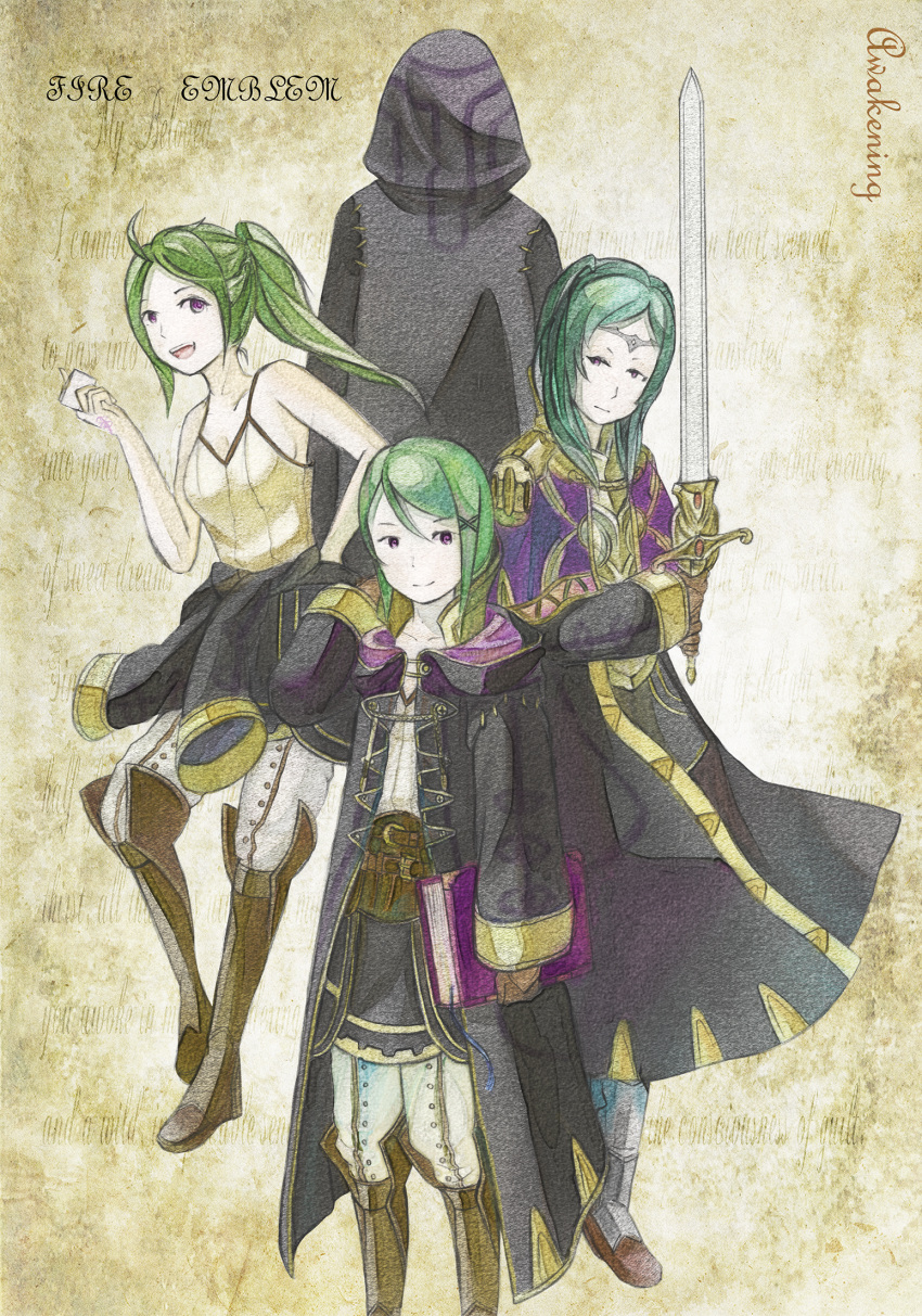 4girls age_comparison armor back book boots casual circlet cloak clothes_around_waist copyright_name english fire_emblem fire_emblem:_kakusei green_hair hair_ornament hairclip highres hooded jenif multiple_girls multiple_persona open_mouth ponytail shirt_around_waist short_hair smile sword tank_top twintails violet_eyes weapon