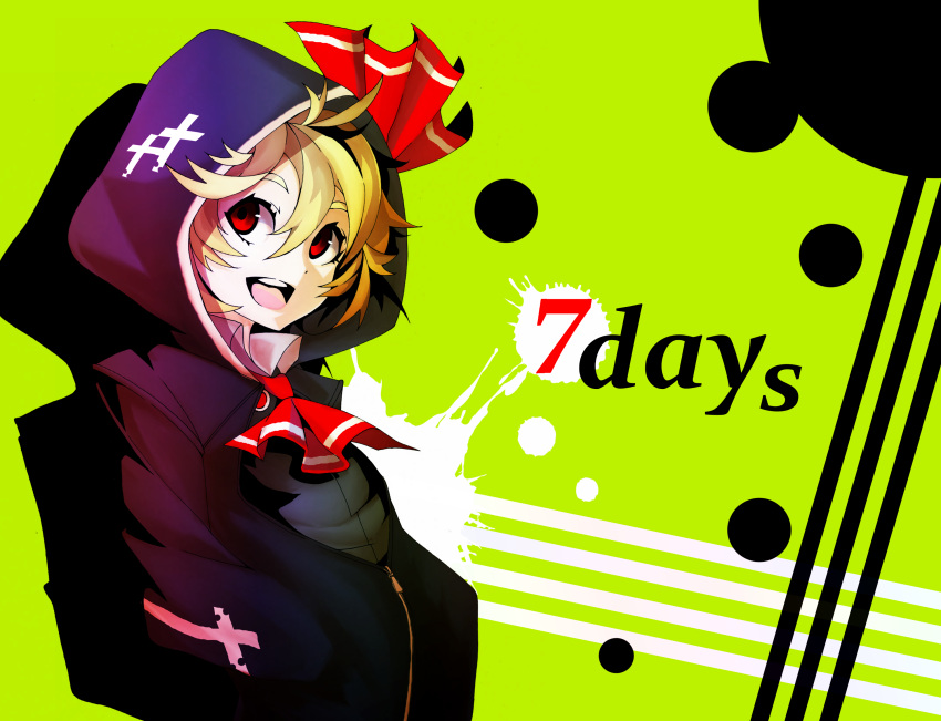 1girl alternate_costume arikanrobo ascot blonde_hair contemporary cross darkness english green_background hair_ribbon hand_in_pocket highres hood hoodie open_mouth red_eyes ribbon rumia short_hair solo touhou zipper