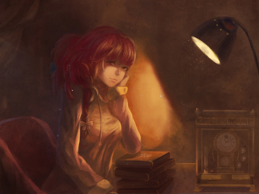 1girl absurdres book_stack bow braid clock dress elbow_rest eyelashes hair_bow head_rest highres indoors lamp light light_smile lips long_hair long_sleeves looking_at_viewer magician_(china) nose okazaki_yumemi red_eyes redhead roman_numerals single_braid solo table touhou touhou_(pc-98)