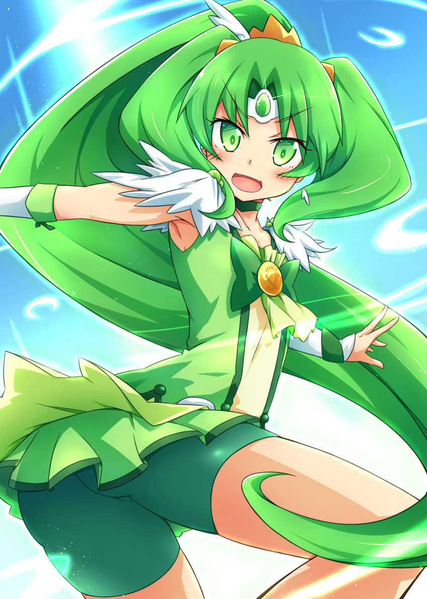 1girl :d armpits ass bike_shorts blush bow choker cure_march earrings green_eyes green_hair highres jewelry kirimochi long_hair looking_at_viewer magical_girl midorikawa_nao open_mouth ponytail precure shorts_under_skirt skirt smile smile_precure! solo tiara tri_tails very_long_hair wind wrist_cuffs