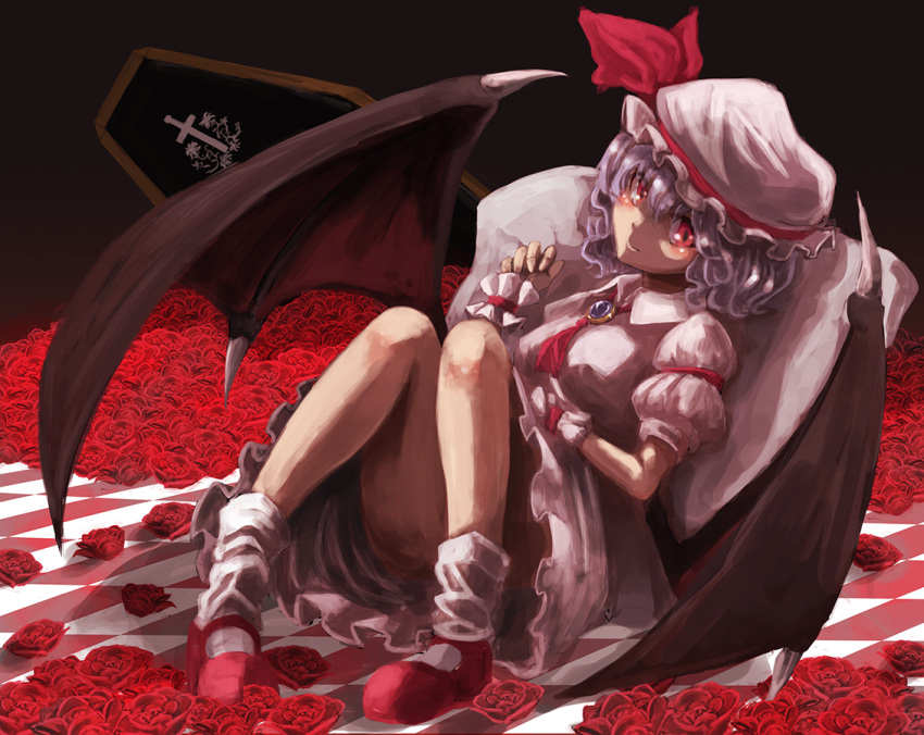 1girl bat_wings blush brooch checkered checkered_floor coffin flower hat hat_ribbon jewelry kirisame_tarou looking_at_viewer mary_janes mob_cap pillow puffy_short_sleeves puffy_sleeves purple_hair red_eyes remilia_scarlet ribbon rose shoes short_hair short_sleeves sitting smile solo touhou wings wrist_cuffs