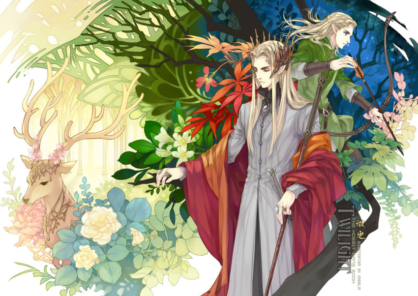 2boys arrow artist_name blonde_hair bow_(weapon) braid crowns deer elf father_and_son forest half_updo kaga legolas long_hair lord_of_the_rings multiple_boys nature pointy_ears staff the_hobbit thranduil weapon