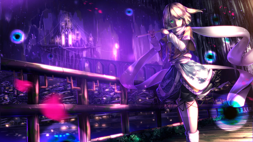 1girl arm_warmers blonde_hair bridge building castle dress flute green_eyes highres instrument kneehighs looking_at_viewer mizuhashi_parsee petals pointy_ears railing reflection revision river ryosios scarf short_hair solo touhou