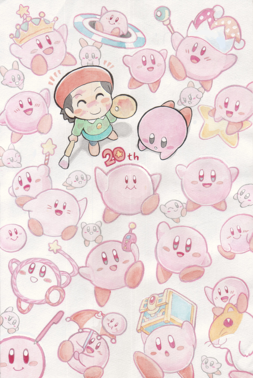 1girl :d adeleine anniversary art_brush blush_stickers copy_ability crown english from_above hamster highres kirby kirby's_dreamland kirby's_epic_yarn kirby_(series) kirby_64 kirby_and_the_amazing_mirror kirby_canvas_curse kirby_super_star oda_takashi open_mouth paintbrush revision rick_(kirby) scepter smile standing star treasure_chest umbrella wand