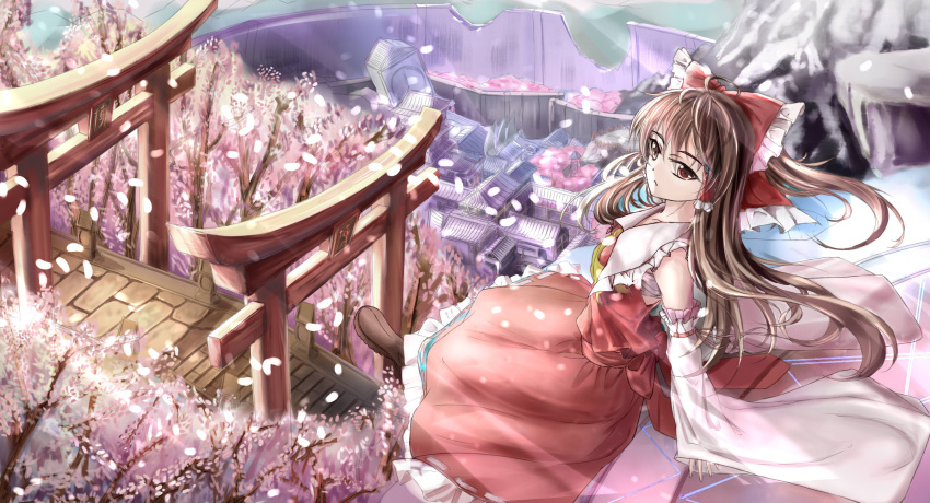 1girl ascot bow brown_eyes brown_hair cherry_blossoms clock clock_tower damaged detached_sleeves east_asian_architecture flying hair_bow hair_tubes hakurei_reimu highres kin_toki leaning_back light_frown long_hair looking_at_viewer mountain path payot road sarashi skirt skirt_set sleeves_past_wrists solo sunbeam sunlight torii touhou tower tree village wall watchtower wind